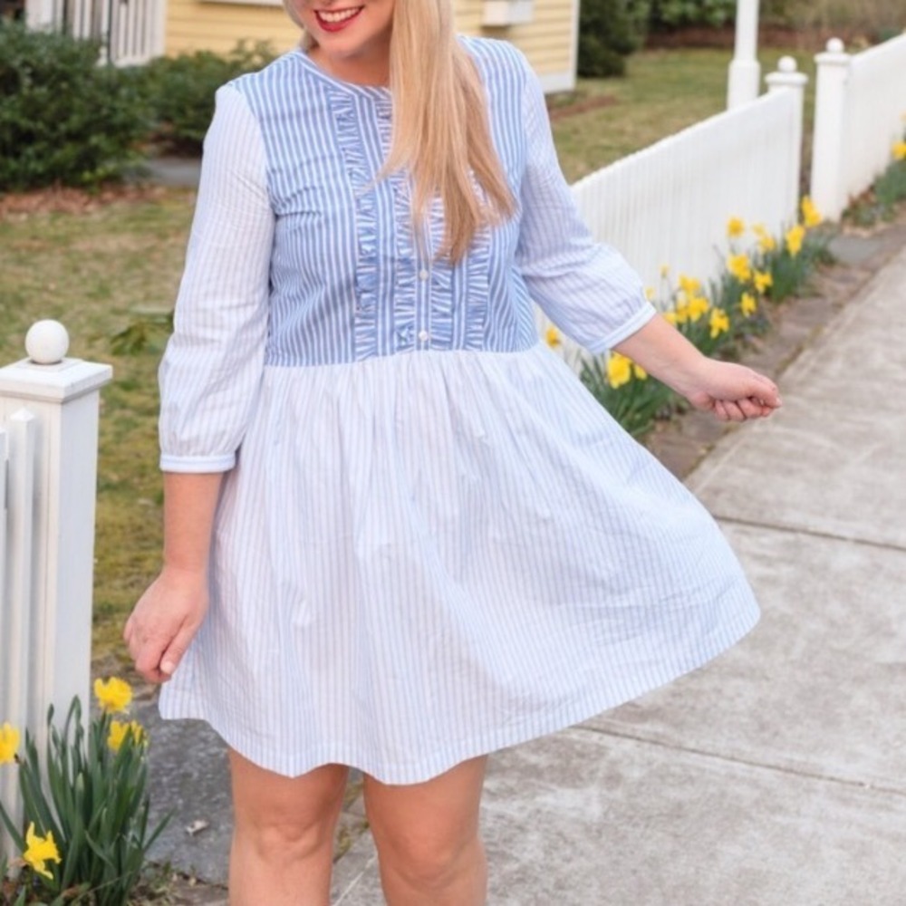 Draper James Blue White Striped Ruffle Babydoll Dress XXL Cotton 3/4 Sleeve